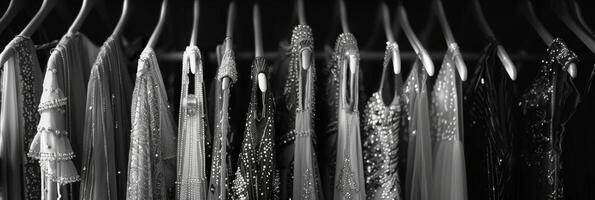 A row of beaded flapper dresses hang from a clothing rack their shimmering details standing out in contrast to the muted background. Black and white art. photo