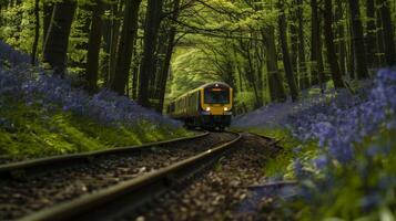 The trains path was marked by a carpet of vibrant bluebells creating a serene and calming atmosphere photo