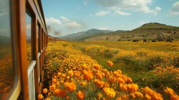 As far as the eye could see the train passed through fields of bright and cheerful marigolds photo