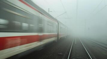 The blurred outline of the train can be seen through the foggy mist photo