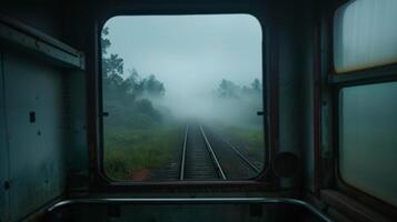 The foggy backdrop adds drama to the trains journey photo