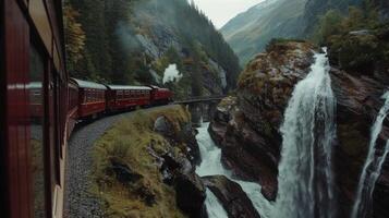 As the train moves through the mountains waterfalls seem to follow its path photo