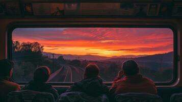 A group of friends gathered in one car mesmerized by the colorful sunset outside their window photo