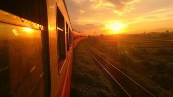 The warm hues of the sunset enveloping the train almost as if it is being embraced by nature photo