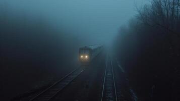 The train steadily makes its way through the thick blanket of fog creating an eerie atmosphere photo
