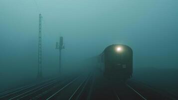 The fog envelops the train causing it to appear as a mysterious entity on its journey photo