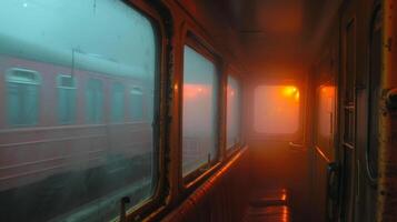 The fog slowly reveals glimpses of the world around adding to the anticipation of the train journey photo