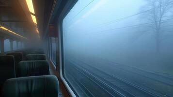 The foggy backdrop creates a unique and unforgettable train journey photo