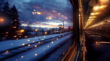 The trains windows become mirrors reflecting the lights of the passing landscape as it races by photo