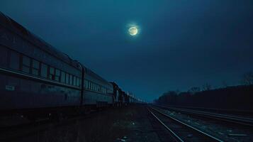 The moons soft glow casts shadows on the train cars as they travel into the night photo