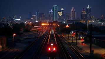 The citys skyline looms in the distance a dazzling backdrop for the trains that run through the night photo