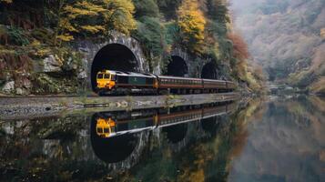 The trains reflection can be seen in the tranquil waters of a lake as it emerges from a tunnel photo