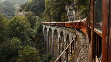 A train gracefully makes its way across a timeless stone bridge photo