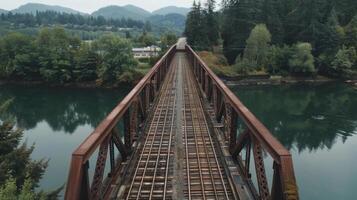 A drone captures a unique aerial view of a train bridge and its passing train photo