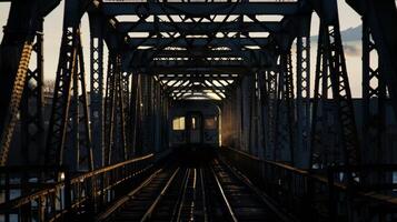 The iconic silhouette of a train crossing a towering iron bridge photo