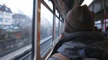 Commuters lost in their thoughts gazing out the window at the passing scenery photo