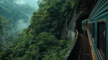 The silhouette of the train emerging from the mountain tunnel against a backdrop of lush greenery photo