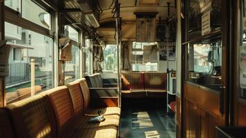 The rhythmic movement of the train matched by the sound of rustling newspapers and quiet conversations photo