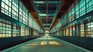 The stunning facade of an Art Deco train station with angular lines and geometric patterns photo
