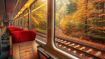 The trains passengers are treated to a scenic journey through the autumn forest photo