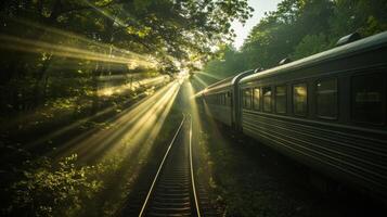 Rays of sunlight filter through the trees creating a dappled effect on the train photo