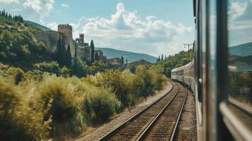 The European train journey showcases the regions rich history passing by ancient ruins and storied castles photo