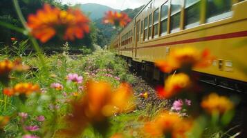 As the train whizzes by the flowers seem to sway in its wake creating a beautiful sight to behold photo