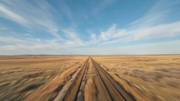 The train speeds through vast open plains providing a unique perspective on the vastness and beauty of the landscape photo