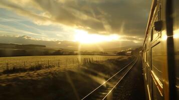 The soft rays of sunlight filter through the clouds casting a golden glow over the idyllic countryside below photo