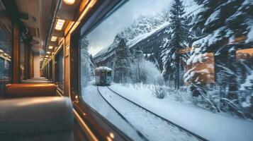 A train passing through a snowy mountain range admired for its connection to the local winter festivities photo