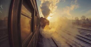 The steam from a vintage train creating a dreamy and nostalgic atmosphere photo