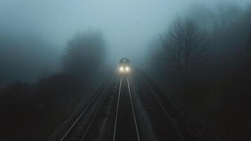 A train passing through a dense fog creating a moody and mysterious atmosphere photo