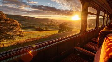 The sun sets behind the hills casting a warm glow over the valleys as the train continues its journey photo