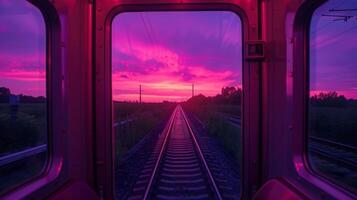 As the sun sinks lower the train tracks are cast in a pink and purple light photo