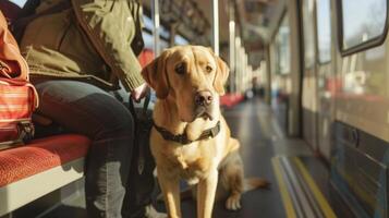 A guide dog confidently leads their blind owner to their designated seat on the train before settling down at their feet photo