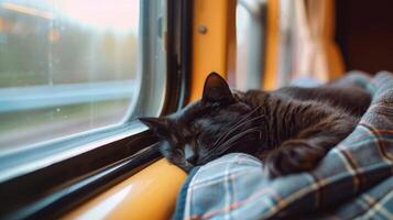 A sleek black cat curls up in a cozy train compartment perfectly content to spend the journey snoozing photo