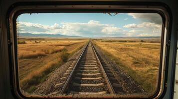 Train tracks stretching endlessly into the horizon ting through remote landscapes and connecting distant towns photo