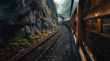 The train winds its way through the towering mountains passing through dark tunnels photo