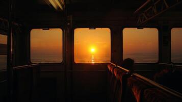 The sun setting behind the trains silhouette creating a picturesque backdrop for a journey to a remote island photo