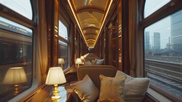 Luxurious ds adorn the windows adding to the regal feel of the carriage photo