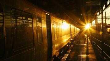 The suns golden rays dance on the trains windows creating a magical atmosphere photo