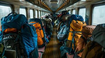 The train seats are filled with backpacks each one holding the essentials for a journey of a lifetime photo