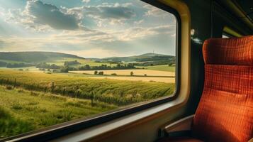 The vast expanse of open fields and rolling hills seen from the train reminding travelers of the importance of preserving agricultural land photo