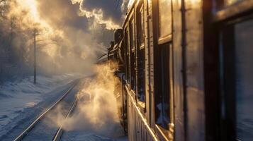 As the train travels through the snow it leaves behind a trail of steam adding to the wintry ambiance photo