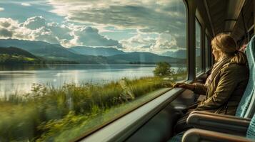 A solo traveler taking in the peaceful surroundings from the train appreciating the minimal environmental impact of this mode of travel photo