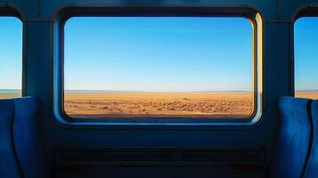 The trains silhouette against the stark blue sky a contrast to the flat expanse of the desert photo