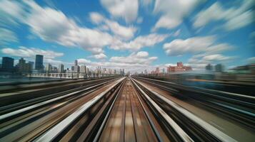 A blur of motion as the train zips through the viaduct leaving behind a trail of clouds in the sky photo