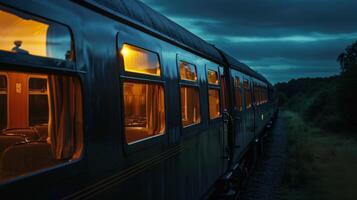 With a gentle sway the train moved steadily through the darkened countryside its glowing windows a beacon of light in the night photo