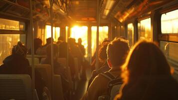 The morning sun streams through the windows casting a warm glow on the commuters as they settle into their seats photo