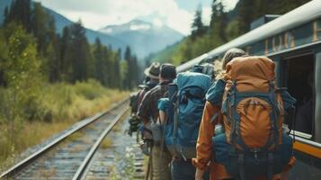 A group of hikers boards the train looking forward to exploring a remote ecofriendly trail photo